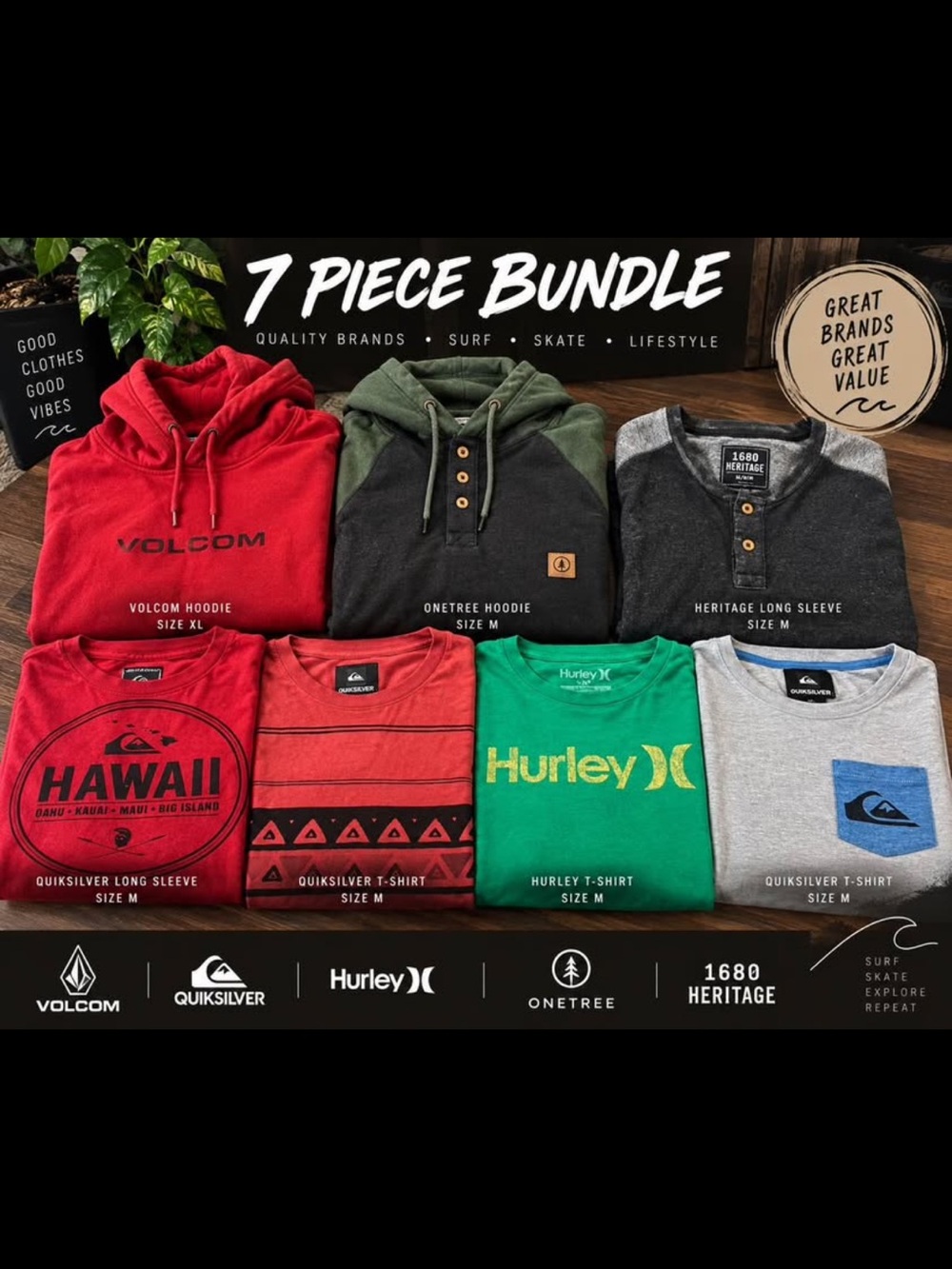 7-Piece Mens Surf/Skate Bundle — VOLCOM, QUICKSILVER, HURLEY & MORE